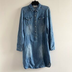 90s DKNY Denim Shirt Dress Cotton Linen Blue Pocket Belt Women 2 Western Cowgirl